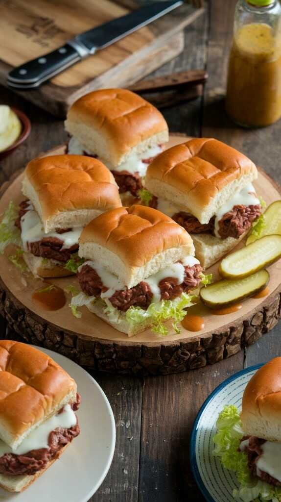 Buffalo beef sliders in a crockpot topped with cheese and green onions.