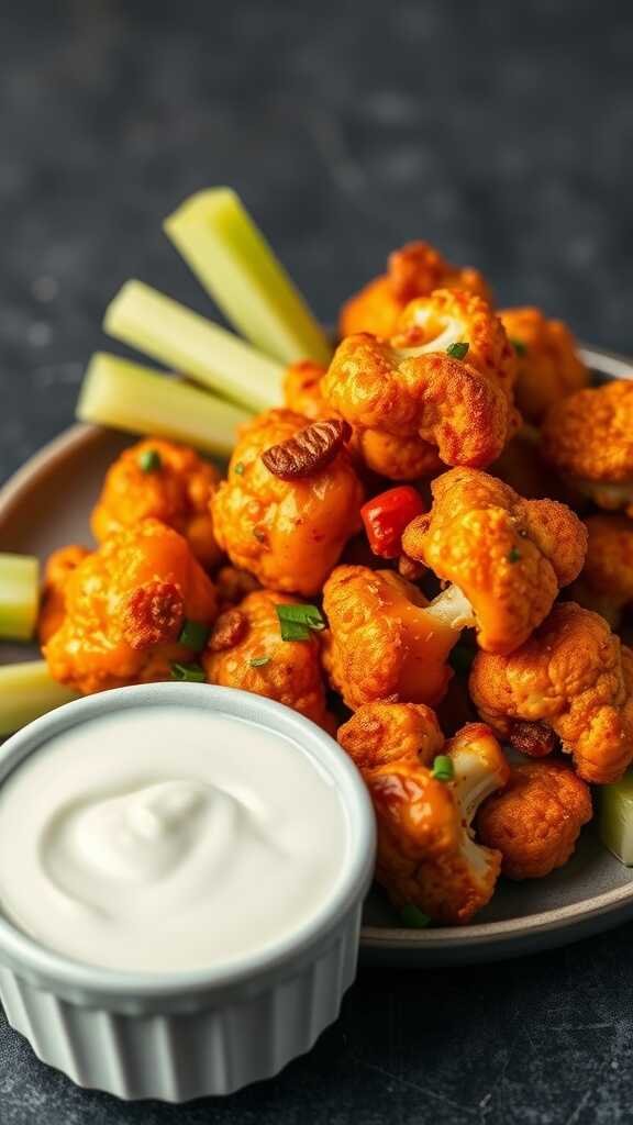 Buffalo cauliflower bites served with celery sticks and dipping sauce