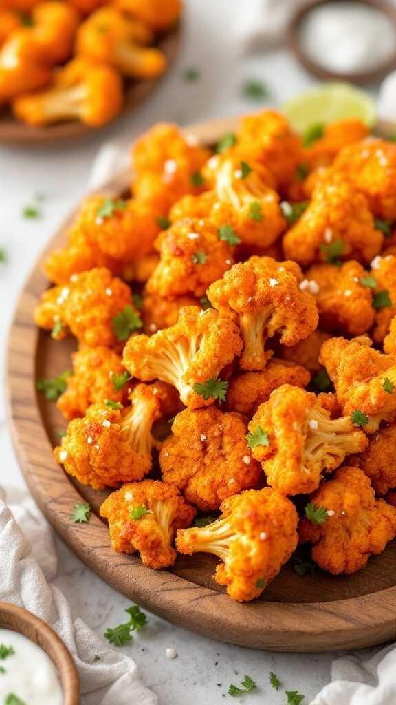 Plate of spicy buffalo cauliflower bites garnished with parsley