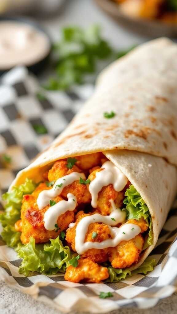 A delicious buffalo cauliflower wrap filled with crispy cauliflower, lettuce, and drizzled with ranch dressing.