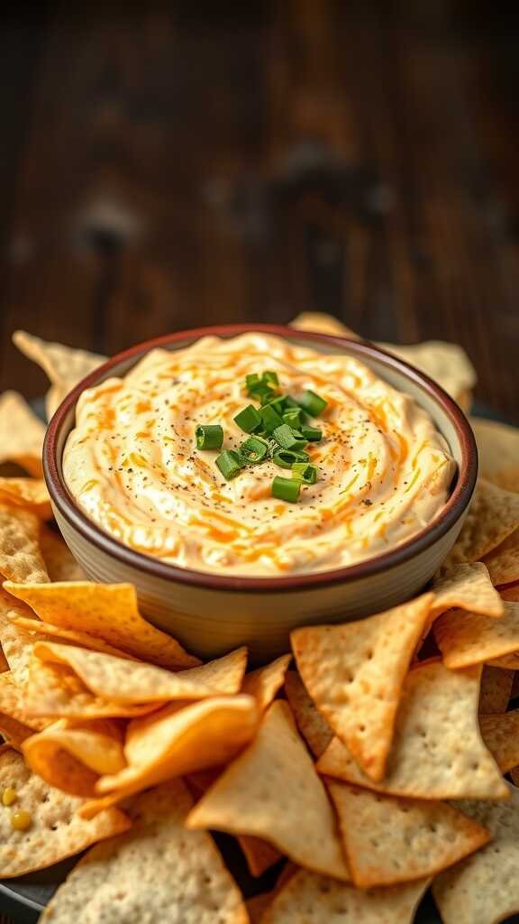 A bowl of Buffalo Chicken Dip served with tortilla chips.