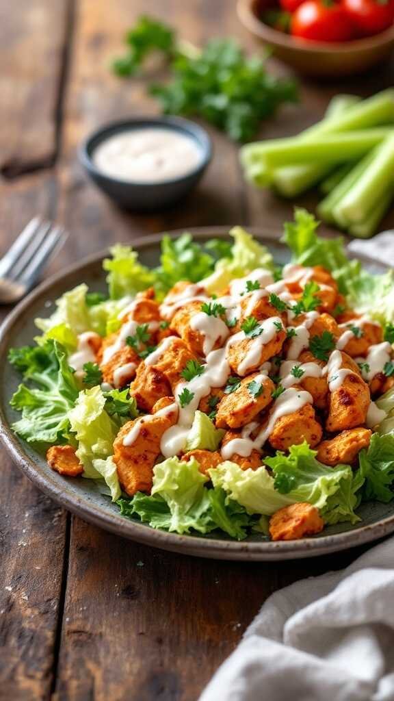 A delicious buffalo chicken salad served on a plate with lettuce and dressing.