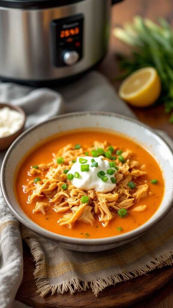 A delicious bowl of Buffalo Chicken Soup topped with shredded chicken, green onions, and a swirl of sour cream.