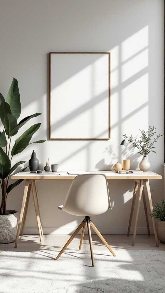 A modern home office with a minimalist desk, chair, and plants.