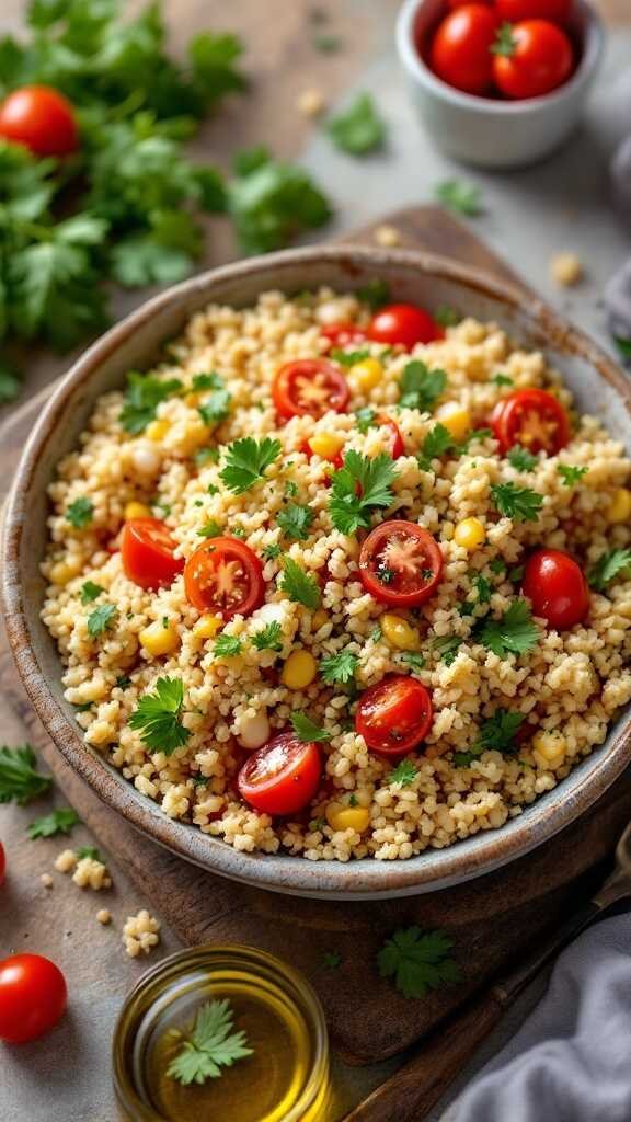 A bowl of bulgur wheat tabbouleh salad with cherry tomatoes and parsley.