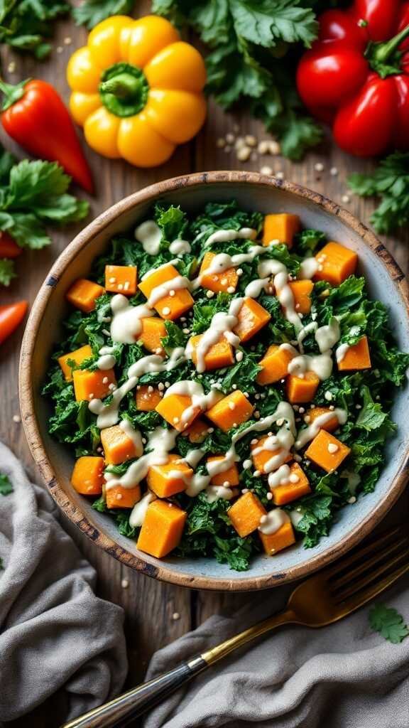 A colorful butternut squash and kale salad drizzled with tahini dressing, served in a wooden bowl.