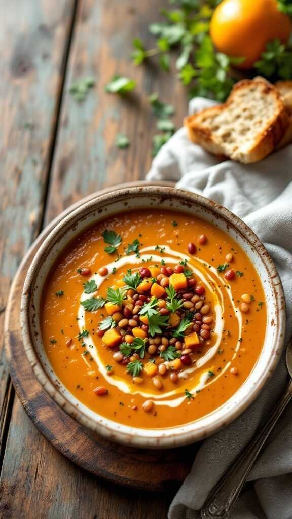 A bowl of butternut squash and red lentil soup garnished with herbs and served with bread.