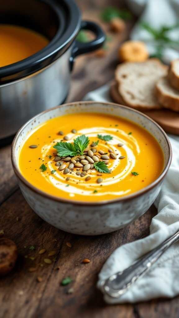 Delicious bowl of butternut squash soup topped with seeds and herbs