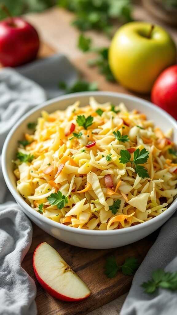 Cabbage and apple slaw in a bowl with fresh ingredients