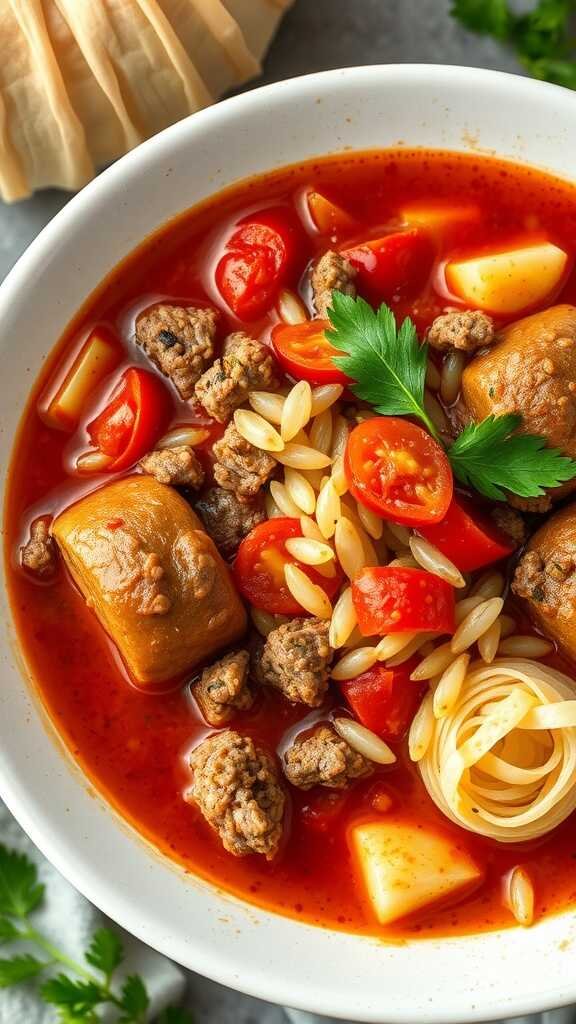 A bowl of hearty cabbage roll soup with ground beef, cabbage, and a rich tomato broth.