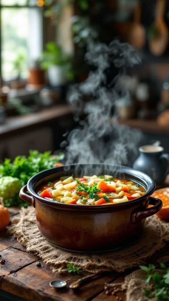 A steaming bowl of hearty cabbage soup with colorful vegetables