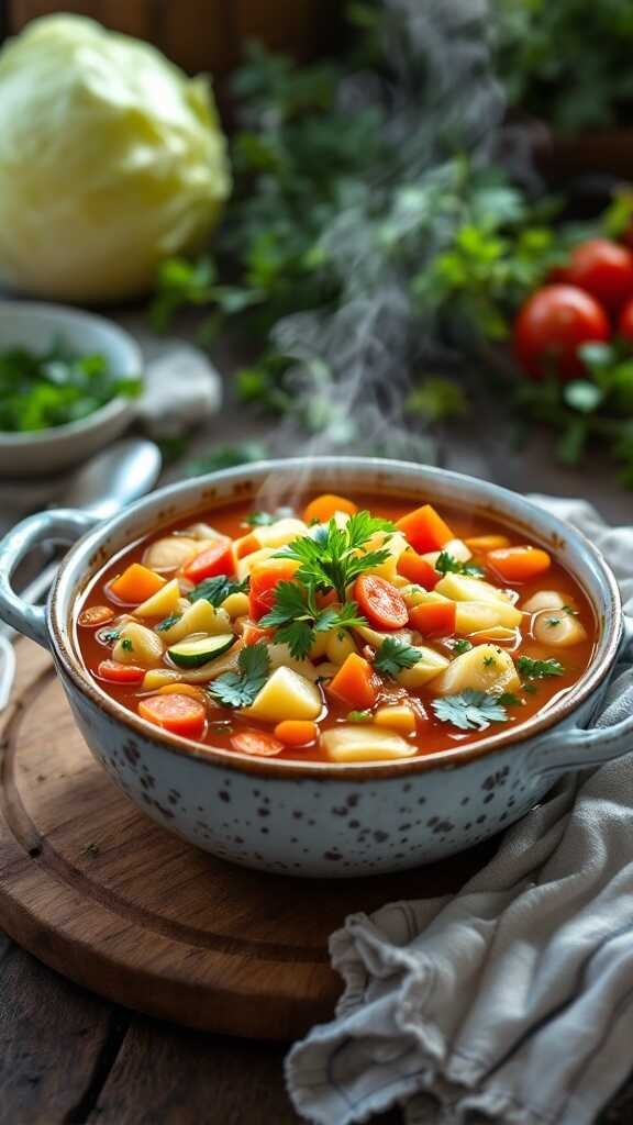 A bowl of vegan cabbage soup with vegetables.