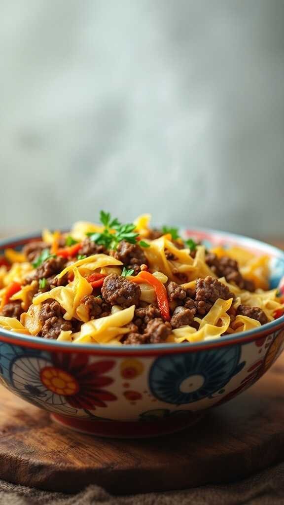 A colorful bowl of cabbage stir-fry with ground beef and vegetables.