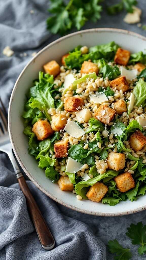 A fresh Caesar Orzo Salad with greens, croutons, and Parmesan cheese