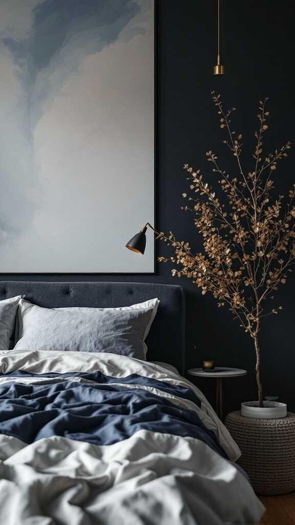 A cozy dark bedroom featuring navy and gray bedding, dark walls, and a decorative branch.