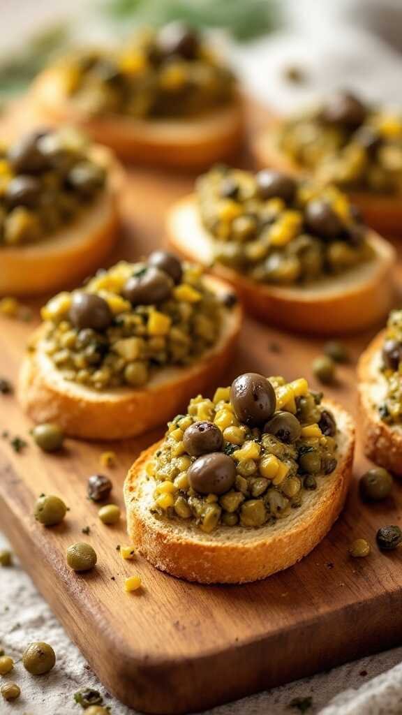 Caper and olive tapenade spread on toasted crostini, garnished with olives and herbs.