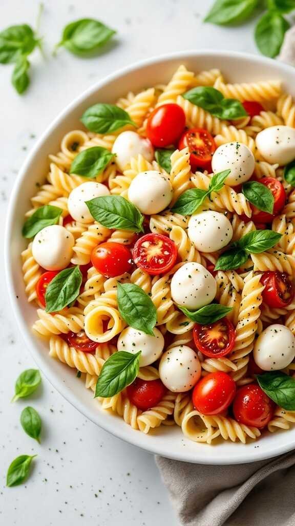 A fresh Caprese pasta salad with tomatoes, mozzarella, and basil.