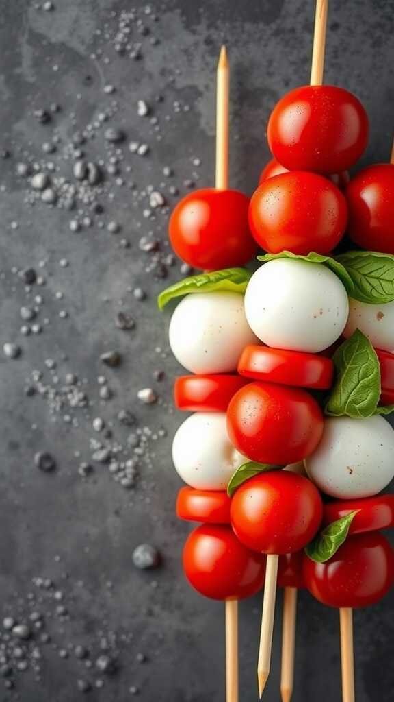 Caprese salad skewers with cherry tomatoes, mozzarella, and basil