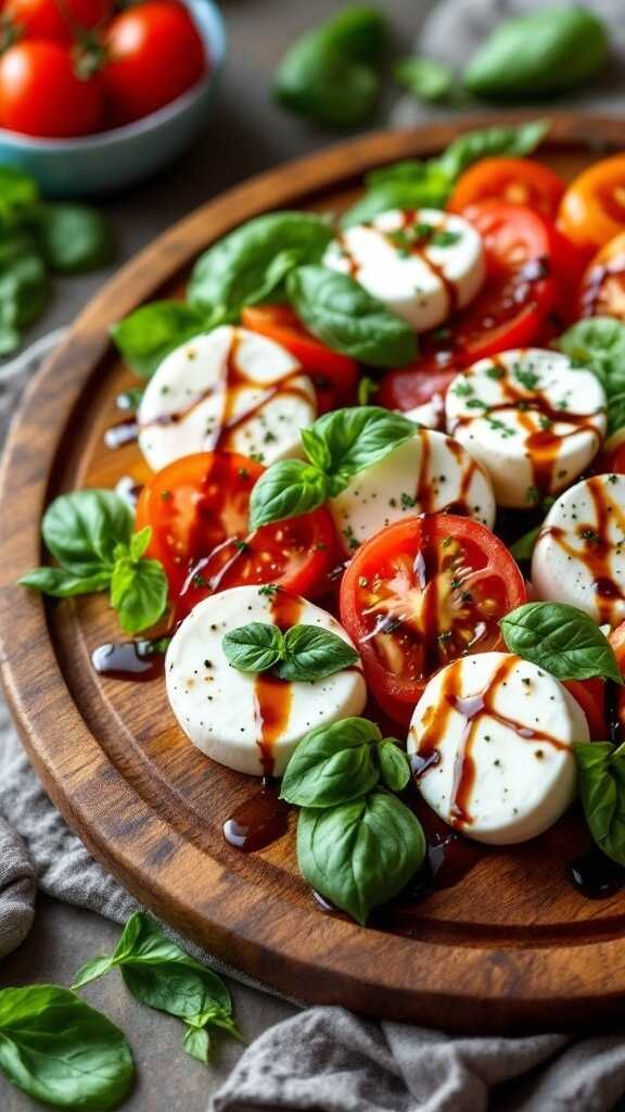 A beautifully arranged Caprese salad with mozzarella, tomatoes, and basil drizzled with balsamic reduction.