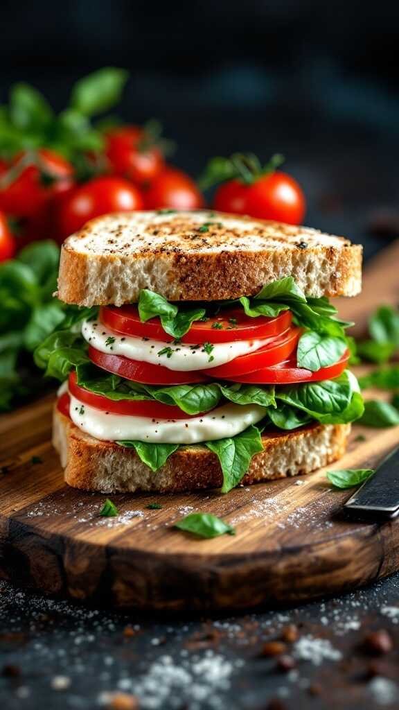 A delicious Caprese sandwich made with mozzarella, tomatoes, and fresh basil stacked between slices of bread.