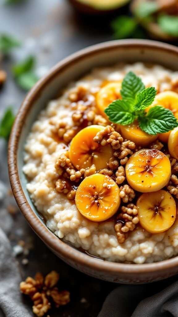 A delicious bowl of caramelized banana and toasted walnut oatmeal, perfect for Valentine's Day breakfast.