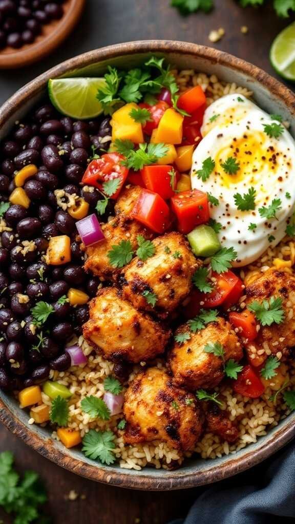 A colorful Caribbean Jerk Chicken Bowl with chicken, black beans, and fresh vegetables.