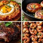 A collage of gourmet dishes: egg-topped potato cake, roasted scallops in a pan, juicy grilled ribs with herbs, and seasoned grilled shrimp.