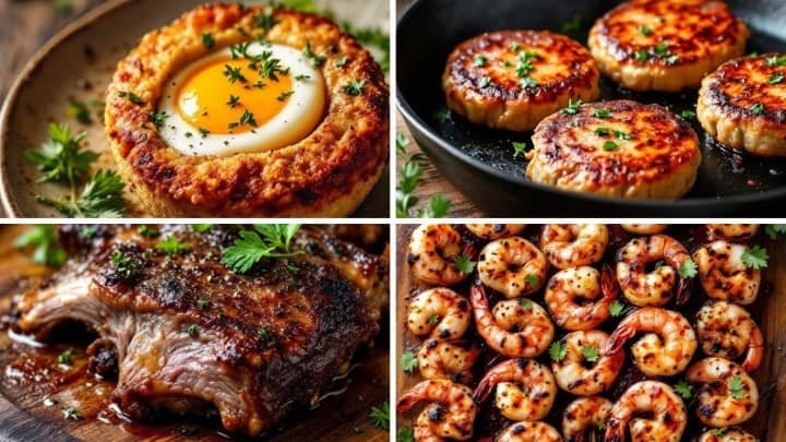 A collage of gourmet dishes: egg-topped potato cake, roasted scallops in a pan, juicy grilled ribs with herbs, and seasoned grilled shrimp.