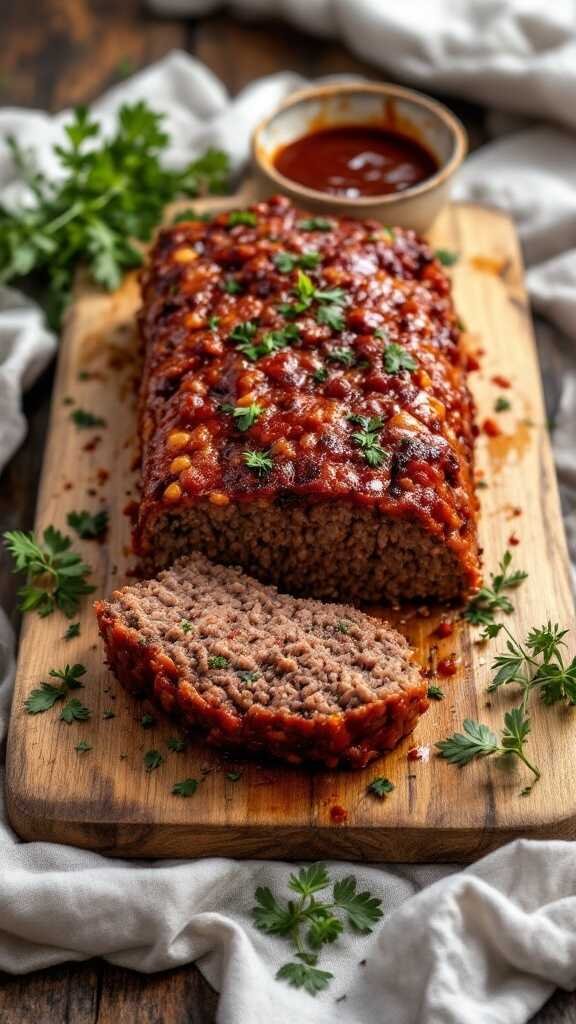 A delicious BBQ meatloaf topped with sauce and herbs, sliced on a wooden board.