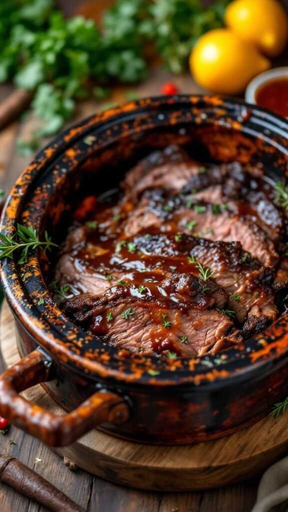 Slow cooked beef brisket in a crockpot with herbs and juices