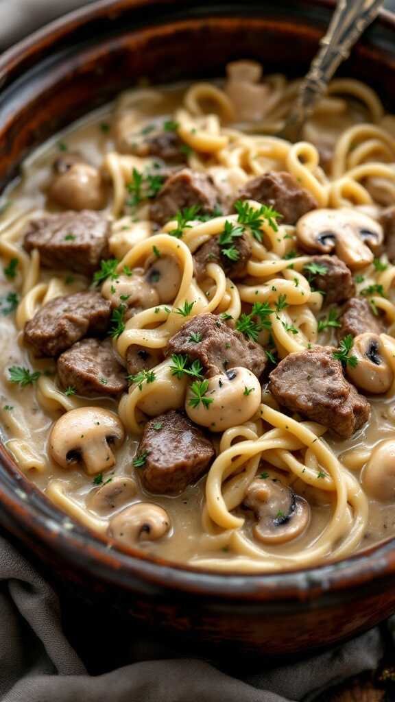 A bowl of creamy beef stroganoff with mushrooms and noodles