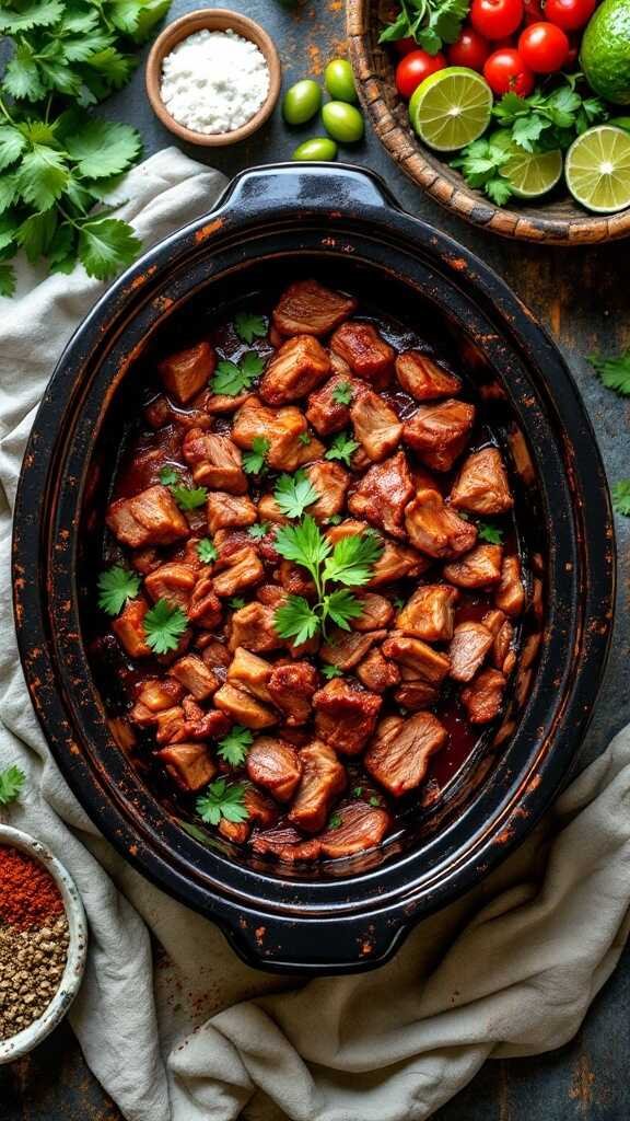 A delicious bowl of carnitas in a crockpot, garnished with herbs