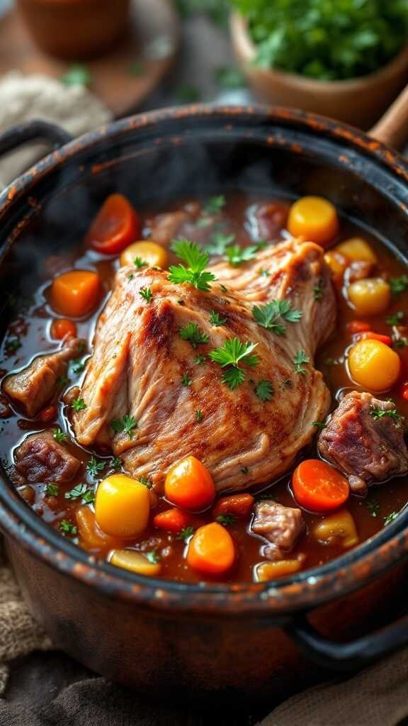 A steaming bowl of hearty ham hock stew with vegetables.