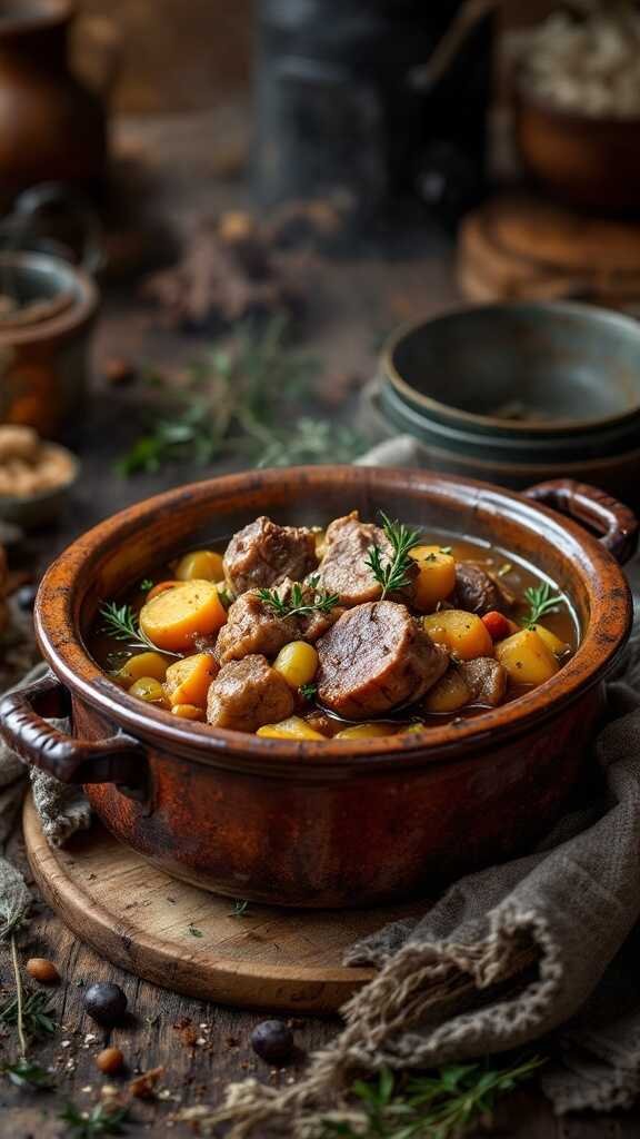 A hearty lamb stew with vegetables in a rustic bowl