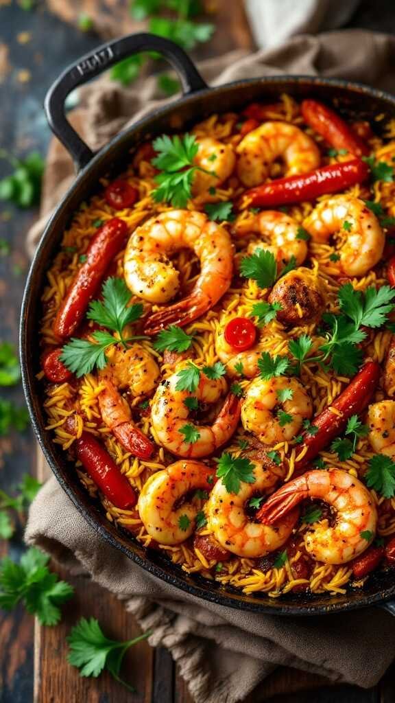 A delicious dish of carnivore paella with shrimp, chicken, and colorful vegetables, garnished with parsley.