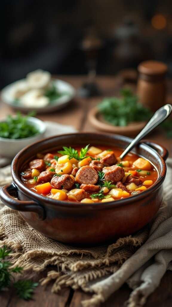 A warm bowl of sausage soup with vegetables, garnished with herbs, representing a hearty meal.