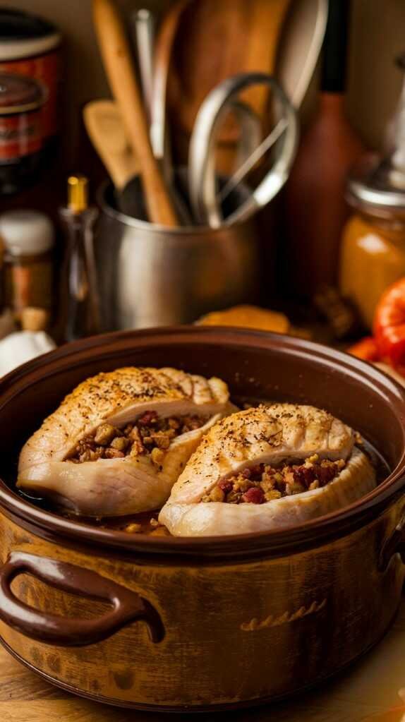 A delicious stuffed chicken breast served in a crockpot.