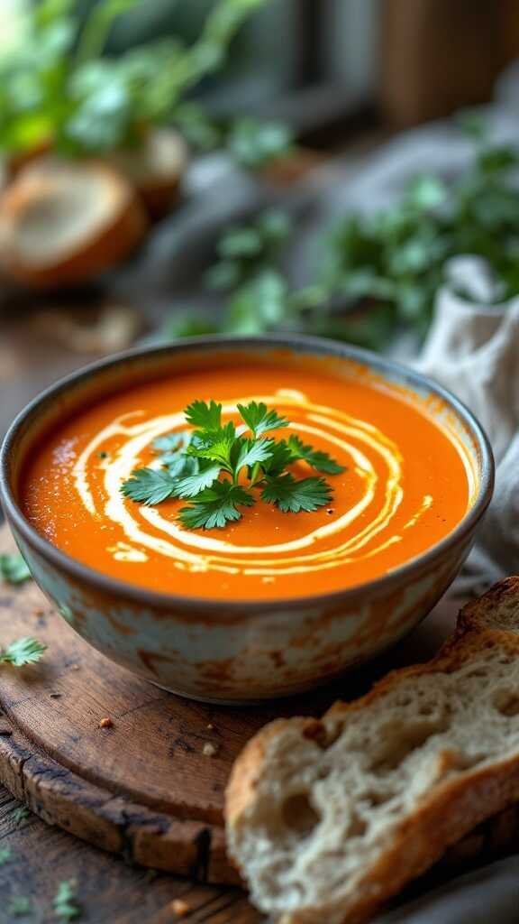 Bowl of carrot and coriander soup garnished with fresh herbs