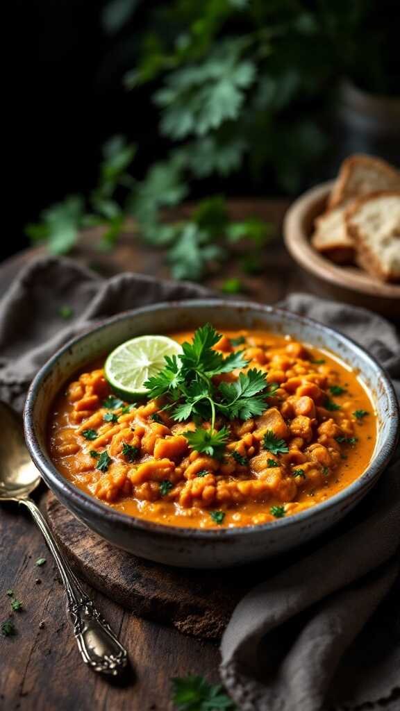 A bowl of carrot and parsnip dhal garnished with cilantro and lime