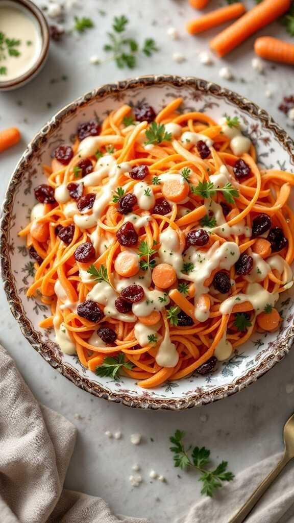 A vibrant carrot and raisin salad with a creamy dressing, garnished with parsley.