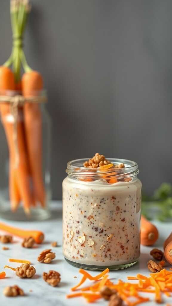 A jar of carrot cake overnight oats with walnuts and grated carrot on a marble surface.