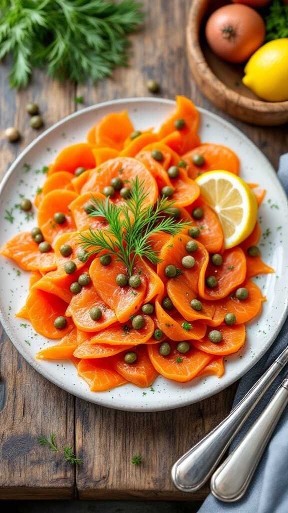 A plate of carrot lox garnished with dill and capers, served with lemon slices.