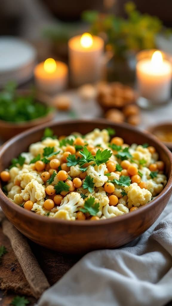 A vibrant bowl of cauliflower and chickpea salad with fresh parsley