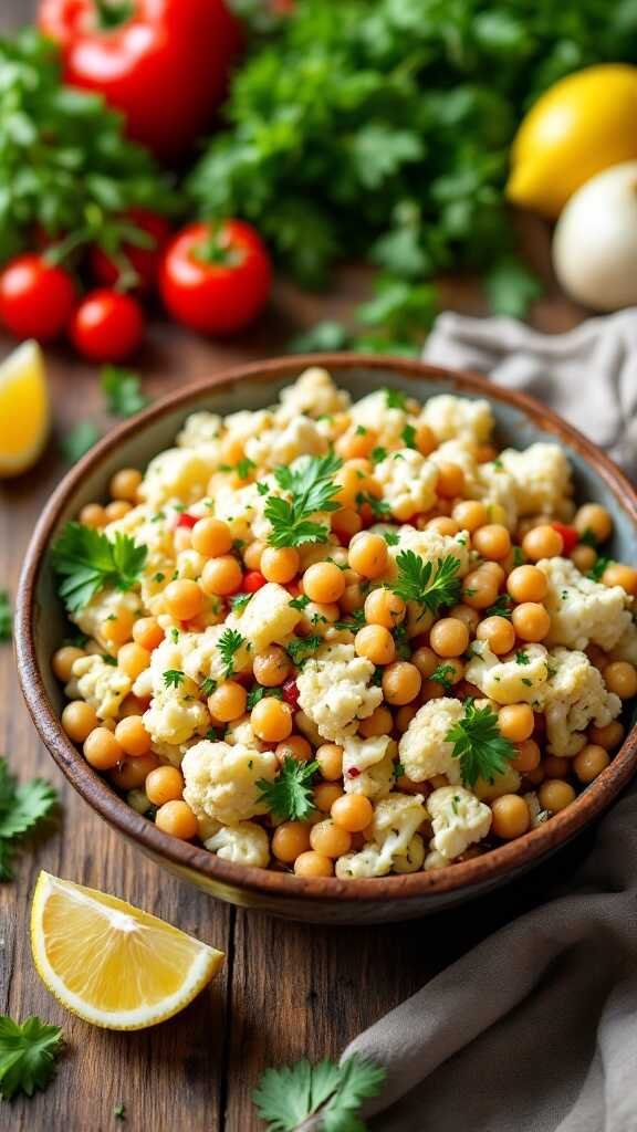 A bowl of cauliflower and chickpea salad garnished with parsley and lemon.