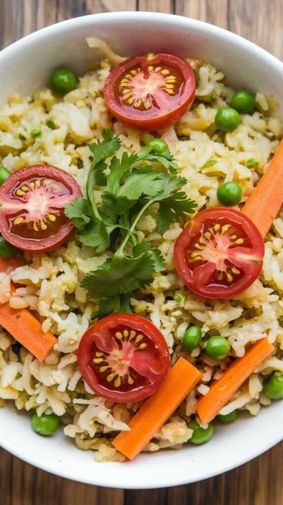A bowl of colorful cauliflower fried rice