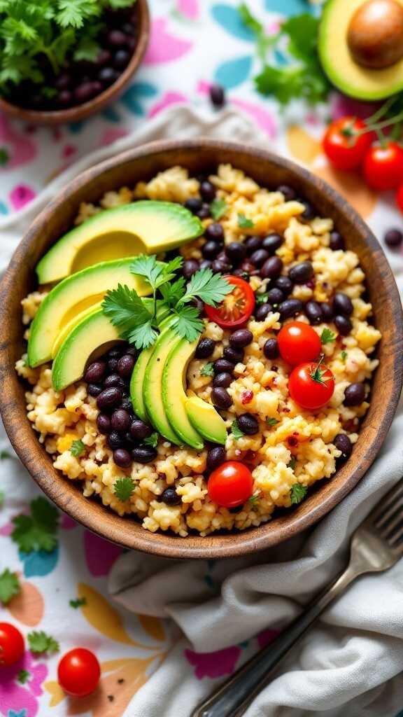 A nutritious cauliflower rice bowl topped with avocado, black beans, cherry tomatoes, and cilantro.