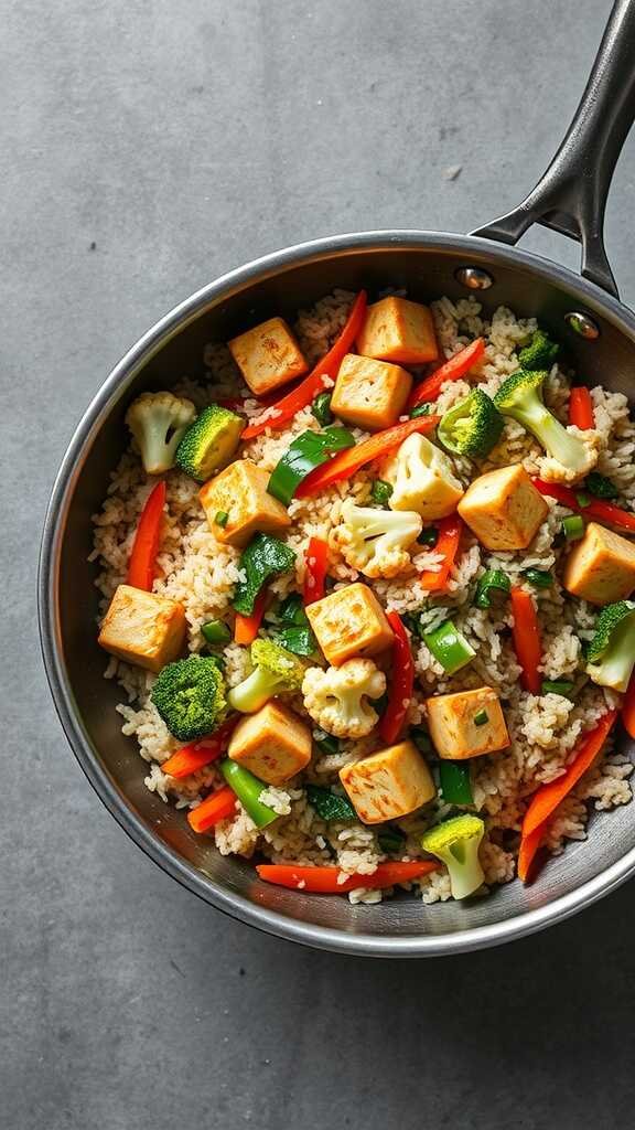 A colorful stir-fry featuring cauliflower rice, tofu, and assorted vegetables.