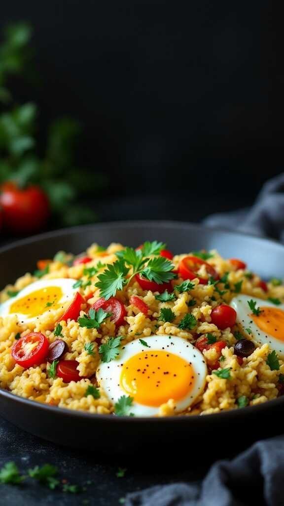 A vibrant bowl of cauliflower rice stir-fry topped with eggs, tomatoes, and cilantro.