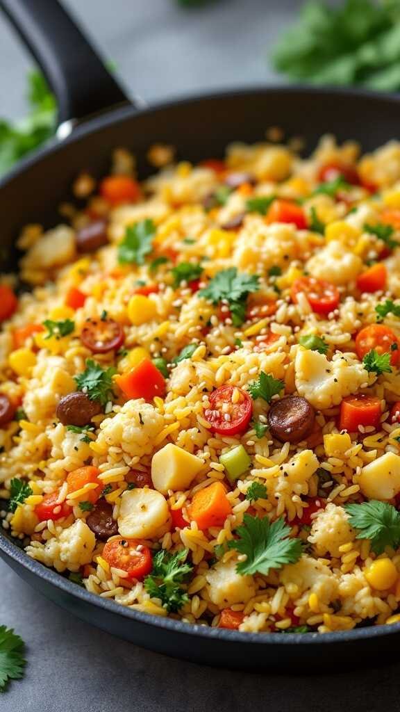 A colorful and nutritious cauliflower rice stir-fry filled with vibrant vegetables.