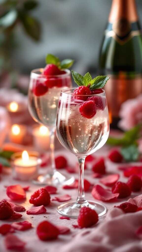 Champagne and raspberry possets served in elegant glasses with fresh raspberries on top
